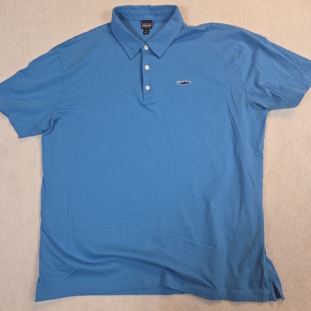 Patagonia Polo Shirt Mens XL Blue Trout Fitz Roy Organic Cotton Golf Fish